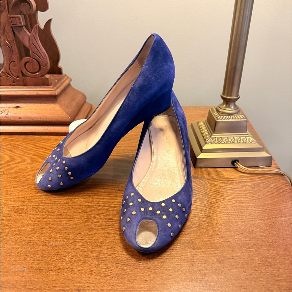 Loeffler Randall Blue Suede Leather Peep Toe 2” wedges w/ Gold Studs Size 9.5 - Picture 8 of 13